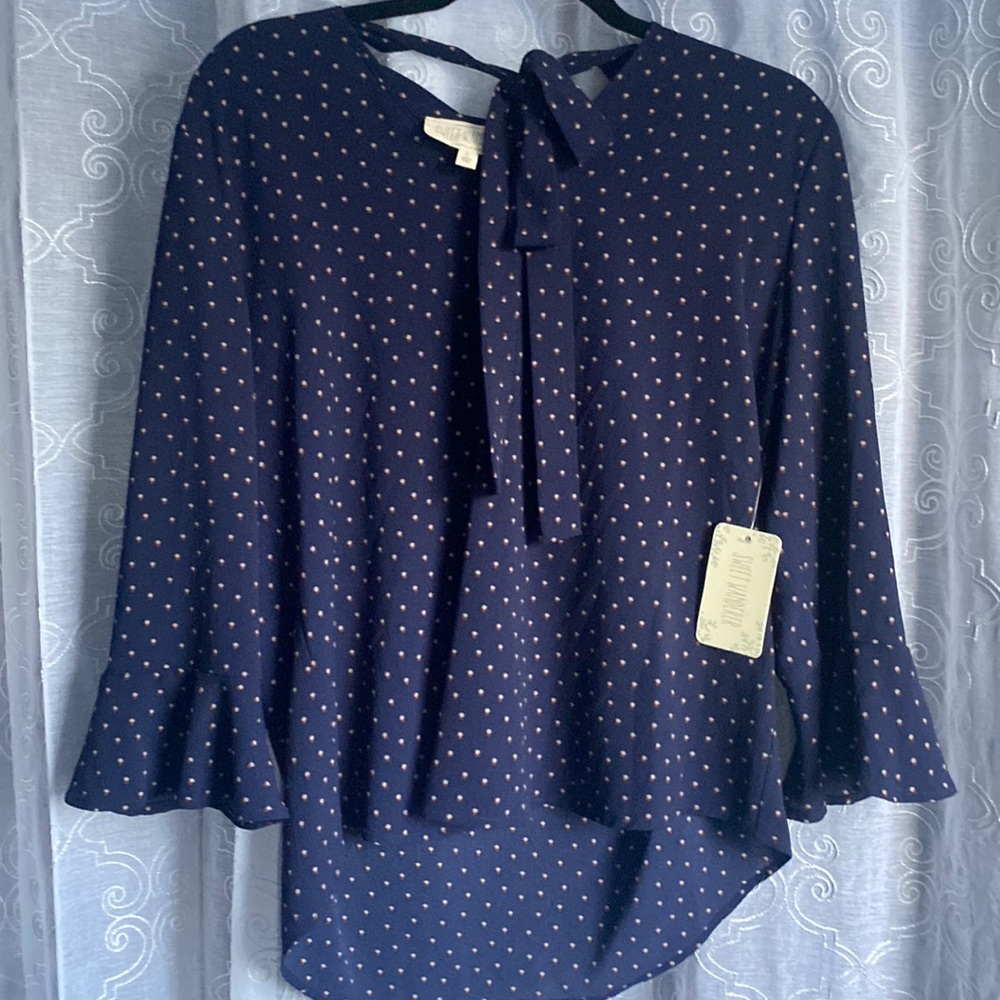 XL Navy blue bell sleeve tie neck blouse - Picture 1 of 2